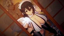 3d 3d_model 3d_render asian asian_female bending_forward bending_over big_breasts black_hair boobs breasts cleavage cum cum_in_mouth dark-skinned_male dizzy0xfa door doorway hanging_breasts holding_waist huge_breasts iroha iroha_(samurai_spirits) koikatsu large_breasts maid maid_headdress saliva samurai_shodown sex sex_from_behind sliding_doors snk sweat sweating thick_thighs thighhighs thighs tits