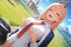 1girl ai_generated blonde_hair blue_jacket blue_sky blush bottomless breast_hold breast_lift breasts castle cauldron chainsaw_man church cloud collared_shirt covered_nipples cross-shaped_pupils day demon_girl demon_horns dress_shirt dutch_angle fangs grabbing_own_breast grass hair_between_eyes horns jacket large_breasts long_hair long_sleeves looking_at_viewer medium_breasts mountain mountainous_horizon naked_shirt necktie nipples nivora no_bra open_clothes open_mouth orange_eyes out-of-frame_censoring outdoors power_(chainsaw_man) red_horns red_necktie road school_uniform see-through sharp_teeth shirt sky smile solo symbol-shaped_pupils teeth tongue tree wet white_shirt yellow_eyes