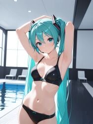 1girls ai_generated armpits asukasslave bikini bra hatsune_miku medium_breasts panties pool