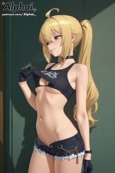 1girl 2025 2026 4k absurd_res absurdres ai ai-created ai-generated ai_art ai_assisted ai_generated alphai anime bikini_top blonde_hair blush blushing breasts choker cinematic_lighting cleft_of_venus close-up clothing colorful_background depth_of_field detailed_hair detailed_skin detailled_background dramatic_shadows eyelashes eyeliner female_face female_focus female_only gloves high_quality high_resolution highres hotpants hoyoverse lifting_clothes luciana_de_montefio midriff mihoyo naughty_face navel out_of_frame particles patreon patreon_link patreon_url patreon_username pulling_clothes pussy raised_eyebrows seductive_eyes shorts side_angle small_breasts solo tank_top uncensored volumetric_lighting watermark zenless_zone_zero zzz