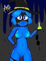 chemist dripping fingerless_gloves looking_at_viewer nude polly_mercury potion pussy slime_girl smug witch_hat