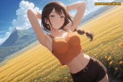 1girl ai_generated armpits arms_behind_head arms_up bare_arms bare_shoulders belt belt_buckle black_belt black_hair black_shorts blue_sky blush bra_strap bracelet braid breasts brown_hair buckle buttons camisole cleavage closed_mouth cloud collarbone cowboy_shot crop_top crop_top_overhang day dutch_angle earrings field flower flower_field green_eyes jewelry large_breasts long_hair looking_at_viewer low-tied_long_hair low_ponytail medium_breasts midriff mount_fuji mountain navel nivora orange_shirt outdoors patreon ponytail re:zero_kara_hajimeru_isekai_seikatsu shaula_(re:zero) shirt short_shorts shorts sky sleeveless sleeveless_shirt smile solo spaghetti_strap standing stomach thighs undershirt