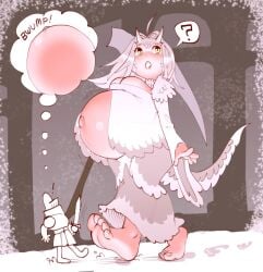 1boy 1girls barefoot big_breasts cleavage crossbreed_priscilla dragon_girl dragon_horns dragon_tail dress feet female female_focus fromsoftware full_body giantess hellbrain horns knight larger_female long_hair outie_navel pregnant ready_to_pop scales scythe size_difference smaller_male standing white_hair yellow_eyes