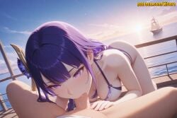 1boy 1girl ai_generated all_fours alternate_costume ass bare_shoulders beach bikini blush boat braid braided_ponytail breasts cleavage cloud collarbone erection fellatio flower genshin_impact gradient_sky hair_flower hair_ornament hetero large_breasts lens_flare long_braid long_hair looking_at_viewer medium_breasts mole mole_under_eye multicolored_hair nivora ocean oral outdoors penis pov purple_bikini purple_eyes purple_hair raiden_shogun ship sky solo_focus spread_legs sun sunlight sunset swimsuit tassel_hair_ornament thighs uncensored very_long_hair water watercraft white_bikini
