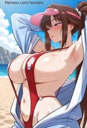 1girl ai_generated armpits arms_up bangs beach blue_sky blurry blurry_background blush breasts brown_eyes brown_hair cloud day goddess_of_victory:_nikke half-closed_eyes high_ponytail jacket large_breasts long_hair long_sleeves marciana_(nikke) navel nikke o-ring ocean one-piece_swimsuit open_clothes open_jacket outdoors parted_lips ponytail red_one-piece_swimsuit scrunchie sidelocks sky slingshot_swimsuit solo sweat swimsuit visor_cap vortalis