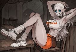 1girls ai_generated black_sclera blue_eyes breasts clothed clothes clothing collar fangs female hooters hooters_uniform horror horror_(theme) large_breasts long_hair monster_girl natascha_(paigen) nosferatu original original_character paigen pale_skin pointy_ears pouch ribs sharp_nails sharp_teeth shirt shoes shorts skinny slicked_back_hair sneakers socks spiked_collar undead vampire vampire_fangs vampire_girl white_hair
