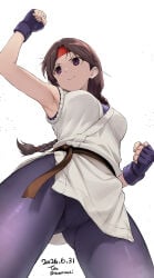 1girls big_breasts brown_hair cameltoe karate_gi king_of_fighters light_skin long_hair pale_skin pussy skirt yoga_pants yuri_sakazaki