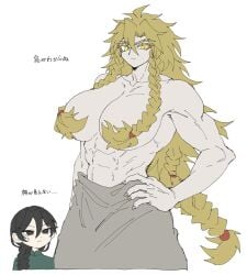 2girls abs bifuteki_(bi_futeki) breasts female hair_covering_breasts muscular tagme topless
