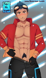 1boy abs biting_lip black_hair cartoon_network clothed clothing fermrviper gay generator_rex gloves goggles looking_at_viewer male male_only muscles muscular muscular_male pecs penis penis_peek pubes pubic_hair rex_salazar simple_background solo solo_focus solo_male undressing yaoi