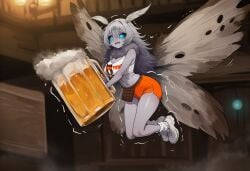 1girls ai_generated alcohol antennae_(anatomy) beer breasts circlet clothed clothes clothing esther_(paigen) fairy fangs female fur_collar gem_eyes grey_skin hooters hooters_uniform insect_girl insect_humanoid insect_wings jewelry large_breasts long_hair messy_hair minigirl monster_girl moth moth_girl original original_character paigen pouch purple_eye_shadow purple_mascara shirt shoes shorts silver_hair size_difference small_female sneakers socks teal_eyes tiny_female torn_wings wings
