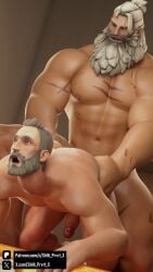 2boys 3d abs anal anal_sex bara beard blender dilf from_behind gay gay_anal gay_male gay_sex grabbing_waist grey_hair jack_morrison looking_at_partner looking_pleasured looking_up muscular_male nude older_male on_all_fours on_bed overwatch reinhardt scars scars_on_body scars_on_chest scars_on_face shhi_prvrt_x soldier_76