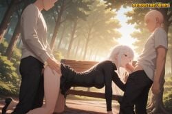 1girl 2boys ai_generated all_fours ass ass_grab bald bench black_dress black_eyes black_footwear black_pants black_shirt black_skirt blush breasts bush clothed_sex clothes_lift day doggystyle double_penetration dress echidna_(re:zero) faceless faceless_male fellatio foot_out_of_frame from_side group_sex hair_between_eyes hetero high_heels kneeling large_breasts long_hair long_sleeves medium_breasts miniskirt mmf_threesome mosaic_censoring multiple_boys nature nivora on_bench one_eye_closed oral outdoors pants pants_pull park park_bench patreon penis pleated_skirt public_indecency re:zero_kara_hajimeru_isekai_seikatsu school_uniform sex sex_from_behind shirt shoes short_sleeves silver_hair skirt skirt_lift spitroast sunlight threesome tree uncensored vaginal white_hair white_shirt