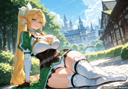 1girl ai_assisted ai_generated arm_support bangs blonde_hair blush boots bracelet braid breasts cleavage curvaceous curvy curvy_female curvy_figure female gloves green_eyes hair_between_eyes hair_ornament huge_breasts jewelry large_breasts leafa leafa_(sao) long_hair looking_at_viewer miyuai outdoors pointy_ears ponytail sitting sky smile solo sword_art_online thick thick_ass thick_butt thick_hips thick_legs thick_thighs thighhighs thighs tree twin_braids voluptuous voluptuous_female watermark white_footwear wide_hips wide_thighs