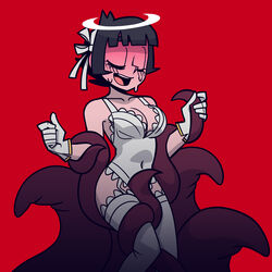 1girls accurate_art_style angel angel_girl azazel_(helltaker) blush closed_eyes clothing female helltaker legs_together lingerie open_mouth restrained tentacle tentacle_grab