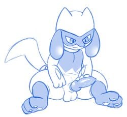 1boy animal_genitalia animal_penis blue_and_white bluebean canine canine_penis erection feet feral furry knot male male_only masturbation monochrome nintendo paws penis pokémon_(species) pokemon pokemon_dppt riolu sheath solo source_request video_games