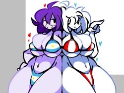 2026 2girls bikini bikini_bottom bikini_top breasts circular_glasses female female_only garlan_(haxxar) glasses haxxar oc original_character purple_hair tagme tagme_(character) thighs white_hair