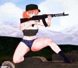1girls ak-47 arrancon blue_eyes cleavage clothed_female gun military_hat military_uniform nora_valkyrie orange_hair orange_hair_female pose posing rwby shorts solo_female