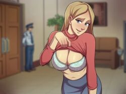 1girls ace_attorney blonde_hair blurry_background bra cornelia_hale disney female_only flashing flashing_breasts green_bra human lazy_tarts leaning_forward light_skin long_sleeves person_in_background red_clothing red_shirt shirt_lift w.i.t.c.h.
