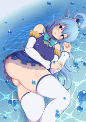 1girls aqua_(konosuba) ass big_ass big_breasts blue_eyes blue_hair blush bottomless eye_contact female goddess huge_breasts kono_subarashii_sekai_ni_shukufuku_wo! lips long_hair looking_at_viewer pale-skinned_female pale_skin ponpo thick_ass thick_thighs thighhighs thighs white_thighhighs