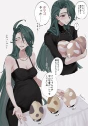 1girl 1girls artist_name artist_signature big_breasts black_dress black_sweater blush blushing blushing_female breasts covered_nipples egg eggs female female_focus green_hair implied_bestiality japanese_text large_breasts long_hair mtkpasta necklace pokemon pokemon_(species) pokemon_egg pokemon_sv pregnant pregnant_belly pregnant_female red_eyes rika_(pokemon) smile solo solo_female solo_focus very_long_hair white_background white_pupils