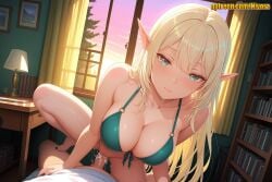 1boy 1girl ai_generated aqua_eyes bare_shoulders barefoot bedroom bikini bikini_top_only blonde_hair blush book bookshelf bottomless breasts cleavage closed_mouth collarbone cowgirl_position cum cum_in_pussy cum_overflow curtains desk_lamp dutch_angle elf evening front-tie_bikini_top front-tie_top girl_on_top green_bikini green_eyes hair_between_eyes halterneck hetero indoors lamp large_breasts long_hair looking_at_viewer mosaic_censoring nail_polish nivora o-ring o-ring_bikini o-ring_top on_bed original original_character patreon penis pointy_ears pov pussy saliva sex sidelocks smile solo_focus spread_legs straddling string_bikini sunset swimsuit thighs uncensored vaginal window