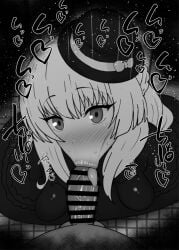 1boy 1girls :>= big_penis black_and_white blowjob blush censored dark-skinned_male dark_skin detailed_background dress drooling eyelashes fate/grand_order fate_(series) fellatio female gray_(lord_el-melloi_ii) hat heart hood human indoor inside japanese_text kurotama long_hair looking_at_viewer lord_el-melloi_ii_case_files male male_pov oral oral_sex penis room saliva shiny shiny_skin sketch sound_effects squatting sweat text tongue_out vein veins veiny veiny_penis