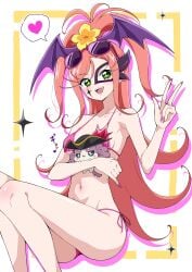 ageseine bikini blush hugging_another meitantei_precure! ni_tamago_sando pink_bikini pink_nails precure pretty_cure small_breasts spoken_heart thighs usonoir v