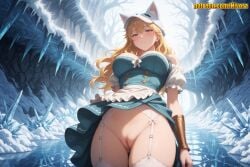 1girl ai_generated animal_ears animal_hat apron aqua_dress ass_visible_through_thighs bare_shoulders bare_tree blonde_hair blue_dress blush breasts brown_eyes buttons cave censored cleavage cleft_of_venus closed_mouth clothes_lift cowboy_shot crystal detached_sleeves dress frilled_apron frilled_sleeves frills from_below garter_belt garter_straps gina_(solo_leveling) gloves hair_between_eyes hat hat_with_ears ice large_breasts long_hair looking_at_viewer mosaic_censoring nivora no_panties orange_eyes outdoors puffy_short_sleeves puffy_sleeves pussy short_sleeves snow solo solo_leveling standing thigh_gap thighhighs thighs tree uncensored underwear waist_apron white_apron white_thighhighs winter