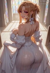 1girl ai_generated artist_name ass asuna_(sao) back bangs bare_shoulders blurry_background blush bow braid breasts brown_eyes brown_hair choker church clothes_lift clothing cross cross_earrings detached_sleeves dress dress_lift duxvector earrings elbow_gloves female female_only french_braid from_behind garter_straps gloves grin hair_ornament huge_ass huge_breasts indoors jewelry large_breasts lifted_by_self lipstick long_hair long_sleeves looking_at_viewer looking_back makeup mature_female panties parted_lips patreon_username red_lips ribbon see-through see-through_dress short_ponytail shoulder_blades sideboob skirt_hold smile solo stained_glass standing strapless strapless_dress sweat sword_art_online teeth thighhighs thighs underwear wedding_dress white_choker white_dress white_garter_straps white_gloves white_panties white_ribbon white_sleeves white_thighhighs window yuuki_asuna