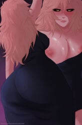 1girls absurd_res absurdres areolae arm_up ass ass_focus ass_in_dress ass_shot back back_view backboob big_ass big_breasts black_dress black_sclera blush breasts breasts_out clothing dress exposed_breasts female female_only forbidden hair high_resolution highres huge_ass lips long_hair mina_ashido mina_ashido_time-skip my_hero_academia nipples pink_areola pink_body pink_hair pink_nipples pink_skin post-timeskip purple_background smile solo solo_female thick_thighs thighs yellow_eyes