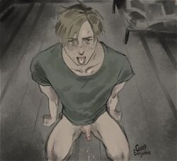 after_fellatio after_oral bottomless cum cum_in_mouth cum_on_floor cum_on_tongue flaccid flaccid_after_cumming flaccid_penis kneeling kneeling_on_ground leon_scott_kennedy looking_at_viewer looking_up looking_up_at_viewer messy_hair pov resident_evil sweat sweatdrop sweating teardrop tears tongue_out