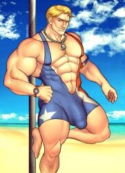 1boy beach bulge bulge_through_clothing bulge_through_one-piece_swimsuit bulge_through_swimsuit captain_america captain_america_(marvel_rivals) captain_america_(series) dracowel male_focus male_only muscular muscular_male one_piece_swimsuit solo solo_focus solo_male steve_rogers summer swimsuit swimsuit_only swimwear swimwear_only