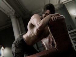 1boy bedroom_eyes bent_over bent_over_furniture big_biceps big_chest big_pecs huge_pecs leon_scott_kennedy looking_at_viewer male_only muscular_male resident_evil resident_evil_9:_requiem shirtless