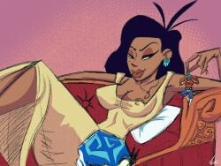 1boy 1girls 2019 areola_slip areolae beauty_mark big_breasts black_hair breasts dark-skinned_female dark_skin female female_focus guacamelee juan_aguacate larger_female latina lee-g-88 macro male micro nipple_bulge size_difference smaller_male solo_focus xtabay