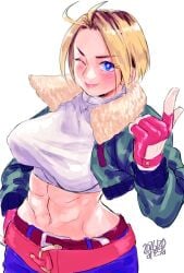 1girls big_breasts big_tits blonde blonde_hair blue_eyes blue_mary fatal_fury king_of_fighters light-skinned_female light_skin looking_at_viewer misodiru nipples pale-skinned_female pale_skin short_hair thick