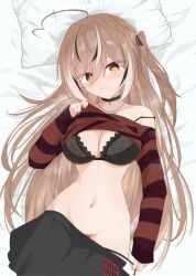 1girls bare_shoulders bed belly_button black_hair blush bra breasts brown_eyes brown_hair cleavage female female_focus female_only groin high_resolution highres hololive hololive_english long_hair looking_at_viewer loose_clothes lying lying_on_back medium_breasts multicolored_hair nanashi_mumei narukahana panties panties_down pillow shirt shirt_lift shirt_pull skirt smile solo stomach sweat taking_clothes_off teeth underwear undressing virtual_youtuber white_hair