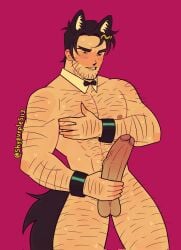 2024 abs beowulf_(skullgirls) blushing bowtie_collar bracelets ears hairy_male hand_on_chest holding_penis male_focus muscular_male shypurples113 simple_background skullgirls tagme tail