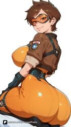 1girl ai_generated artist_name ass blizzard_entertainment bodysuit bomber_jacket breasts brown_eyes brown_hair ear_piercing earrings from_behind gloves goggles harness jacket jewelry large_breasts leather lena_oxton lips looking_at_viewer looking_back orange_bodysuit orange_goggles overwatch overwatch_2 patreon piercing seiza senpai_pixels sensitive short_hair simple_background sitting smile solo tracer tracer_(overwatch) white_background