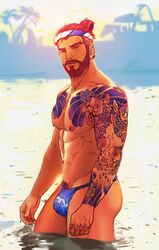 1boy abs bara beach beard blue_underwear brown_eyes brown_hair bulge drawing drawn fundoshi hanzo human human_only looking_at_viewer male male_focus male_only moustache muscle muscles muscular muscular_butt muscular_male nipples outdoors overwatch pecs pockyrumz posing pubic_hair rumlockerart sea skimpy solo solo_focus solo_male standing staring swimwear tattoo thick_thighs tied_hair underwear underwear_only water wave_hanzo