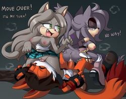 2girls anus ass blush breasts clothing digital_media_(artwork) erection fan_character female greymelon male mobian_(species) oral original_character penis sega sex sonic_(series) sonic_fan_characters sonic_oc sonic_team sonic_the_hedgehog_(series) text threesome vaginal_penetration