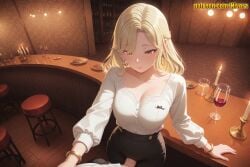 1boy 1girl ai_generated alcohol arm_support bangle bar_(place) bar_stool black_pants black_skirt blonde_hair blouse blush bracelet breasts bulge buttons camilla_(spy_x_family) candle candlestand chandelier cleavage closed_mouth collarbone crotch_grab cup drinking_glass earrings food hetero high-waist_pants indoors jewelry large_breasts long_hair long_sleeves looking_at_viewer medium_breasts medium_hair nivora pants parted_bangs plate pov shirt shirt_tucked_in sitting skirt smile solo solo_focus spy_x_family stool table virtual_youtuber white_shirt wine wine_bottle wine_glass wooden_floor yellow_eyes