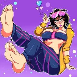 1girl 1girls barefoot blowing_bubblegum blushing blushing_at_viewer blushing_female bubble_gum clothed clothing feet_fetish female foot_fetish jubilee jubilee_(marvel_rivals) marvel marvel_rivals marvel_vs._capcom painted_nails painted_toenails princemaya soles soles_female soles_fetish toe_ring toe_rings toenail_polish toes