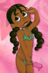 african_female big_eyes big_lips bikini bikini_bottom bikini_top black_girl black_hair braided_hair braided_twintails braids choker flat_chest green_bikini half_body looking_at_viewer original_art original_artwork original_character painted_nails petite petite_body petite_female pink_background popsicle skinny_female small_breasts solo solo_female swimsuit swimwear tooth_gap white_choker young_adult