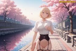 1boy 1girl ai_generated black_corset black_thighhighs blonde_hair blush bob_cut bottomless breasts cha_hae-in cha_hae_in cherry_blossoms closed_mouth collared_shirt corset cowboy_shot day dress_shirt erection garter_belt garter_straps grabbing_own_breast hand_on_own_chest handjob hetero lake large_breasts looking_at_viewer mosaic_censoring nivora outdoors panties penis petals pov public_indecency purple_eyes pussy reflection reflective_water river shirt short_hair short_sleeves sky smile solo_focus solo_leveling standing thighhighs tree uncensored underwear water white_shirt