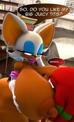 1boy 1girls 3d anthro bedroom_eyes breast_smother breasts chiropteran erect_nipples face_between_breasts female gigantic_breasts holding_breasts hoop_earrings hourglass_figure imminent_sex knuckles_the_echidna lipstick male membranous_wings monotreme nude rocketspuff rouge_the_bat sega sonic_(series) thick_thighs wide_hips