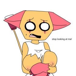 boobs_out covering_breasts dandy's_world dandys_world embarrassed ripped_clothing scraps_(dandy's_world)