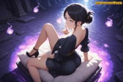 1girl ai_generated arm_support ass back backless_dress backless_outfit bare_shoulders black_dress black_footwear black_hair blue_eyes blue_fire book breasts candle closed_mouth dress earrings finger_to_mouth from_behind ghost hair_bun han_semi high_heels hitodama index_finger_raised indoors jewelry knee_up large_breasts legs looking_at_viewer looking_back magic medium_breasts nivora no_socks off_shoulder on_bed parted_bangs parted_lips pillow short_dress short_hair shushing single_hair_bun sitting solo solo_leveling strapless strappy_heels thighs