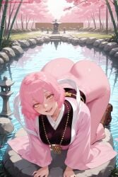 1girl ai_generated all_fours ass bangs blush breasts cherry_blossoms day hi_res high_quality high_resolution japanese_clothes jigokuraku kimono kiraamane large_breasts looking_at_viewer open_mouth patreon pink_hair pink_kimono river rope seductive sexy smile solo tao_fa tree uncensored water watermark wide_sleeves yellow_eyes