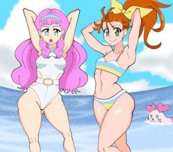 2girls armpits arms_behind_head arms_up ass_visible_through_thighs beach big_ass bikini cure_la_mer cure_summer kururun laura_la_mer mermaid natsuumi_manatsu precure pretty_cure sfw shingattai small_breasts swimsuit toei_animation tropical-rouge!_precure