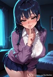 1girl 2026 ai_generated anime anna_yamada bangs bed bedroom black_hair blue_skirt blush boku_no_kokoro_no_yabai_yatsu boobs breasts brown_eyes cardigan cleavage collared_shirt covered_nipples crossover curtains eye_contact female female_focus finger_to_mouth flushed highres huge_breasts index_finger_raised indoors inside large_breasts leaning_forward long_hair long_sleeves looking_at_viewer miniskirt naughty_face nsfw patreon patreon_username pleated_skirt rognezart school_uniform seductive_smile shirt shushing skirt smile smiling solo very_long_hair white_shirt window yamada_anna